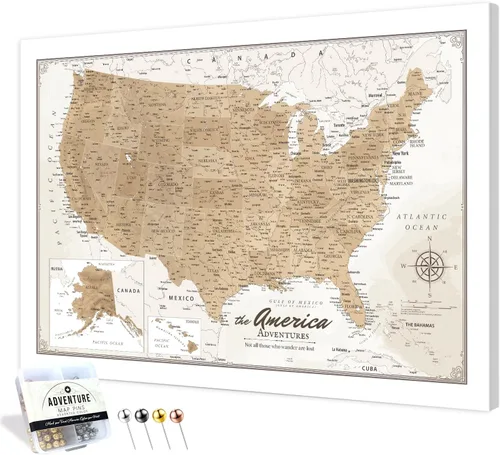 Vista 69 de IPIC - Lienzo con mapas de EE. UU. para decoración de pared, mapa con pin de empuje para marcar viajes, mapa de viaje impreso de EE. UU.