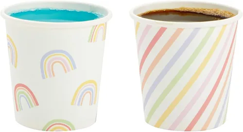 Vista 6 de Sparkle and Bash Paquete de 100 mini vasos de papel desechables de 4 onzas para expreso, enjuague bucal, té, café, arcoíris Colorido