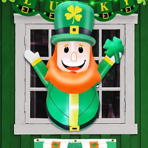 Vista 6 de TURNMEON Decoraciones inflables para el día de San Patricio de 3.5 pies, duende inflable que sostiene el trébol de trébol fuera de la ventana