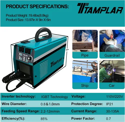 Vista 8 de Soldador MIG - 135AMP 110V y 220V Voltaje Dual 4 en 1 Flux MIG/alambre sólido/Stick ARC/Lift TIG Gas/soldadura sin gas, IGBT Inverter Soldadora