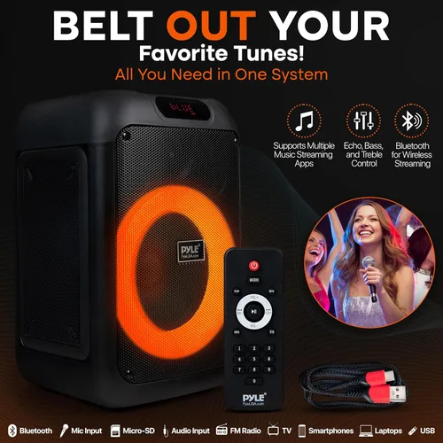 Vista 3 de Pyle Altavoz portátil Bluetooth para fiestas con woofer de 8 pulgadas, función TWS, batería recargable de 100W, entrada de micrófono, eco, control