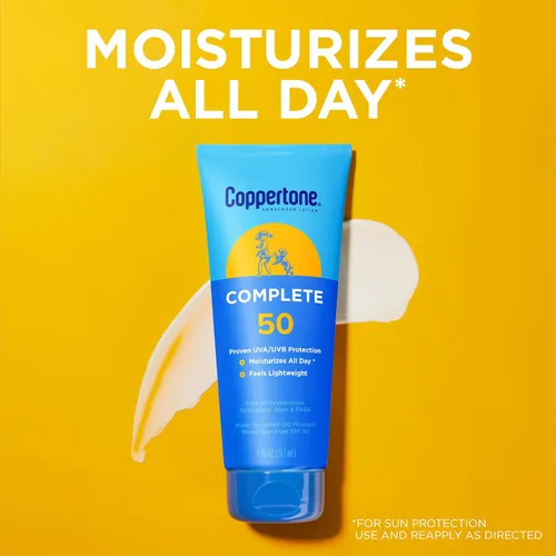 Vista 2 de Coppertone Loción completa de protección solar SPF 50, protector solar facial y corporal, ligero, resistente al agua, 7 onzas líquidas