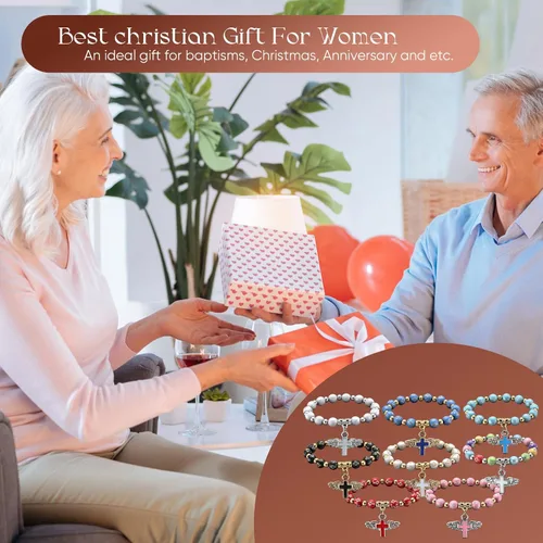Vista 7 de Huquary 48 pulseras de rosario de cruz de ala de ángel acrílicas, pulseras de cuentas de cruz de ala de ángel para mujeres y hombres, Navidad