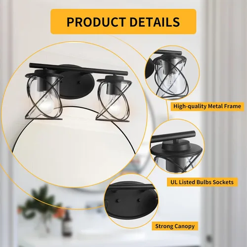 Vista 8 de mavcadonf Luces de Tocador de 2 Luces, Accesorios de Iluminación para Baño Sobre Espejo, Luz de Tocador Negro Mate, Luces de Pared Estilo Granja