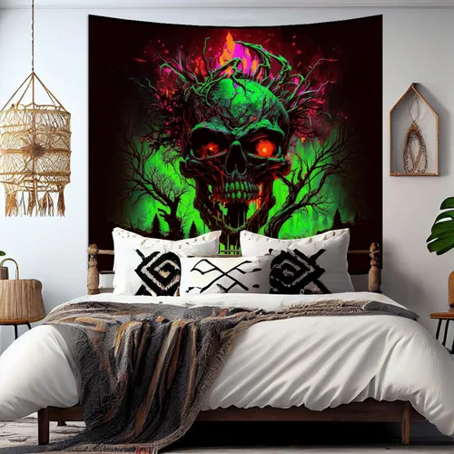 Vista 4 de SparkLia Tapiz de calavera de fuego con luz negra, esqueleto ardiente reactivo a los rayos UV, para colgar en la pared, brilla en la oscuridad