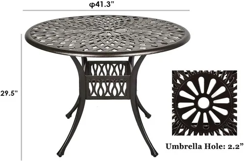 Vista 3 de Mesa redonda para patio al aire libre con agujero para paraguas, mesa de comedor de aluminio fundido para patio trasero, jardín o porche, 41.3