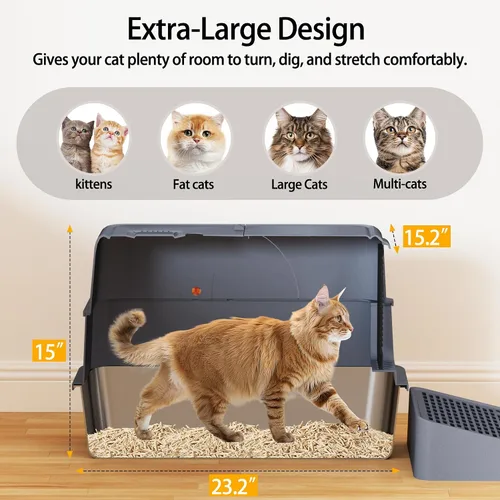 Vista 6 de XL - Caja de arena para gatos grandes de acero inoxidable con tapa High sides, stainless pan, flip-top lid, step, mat, scoop, filter; for large