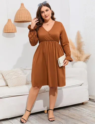Vista 9 de ShopWonder Vestido de talla grande para mujer, con cuello en V, acampanado, largo hasta la rodilla, vestido de fiesta, minivestido de fiesta