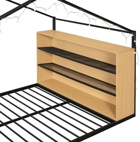 Vista 7 de Cama juguetona en forma de casa de tamaño matrimonial con estantes y luces, marco de cama de metal con techo para niños, adolescentes y adultos, un