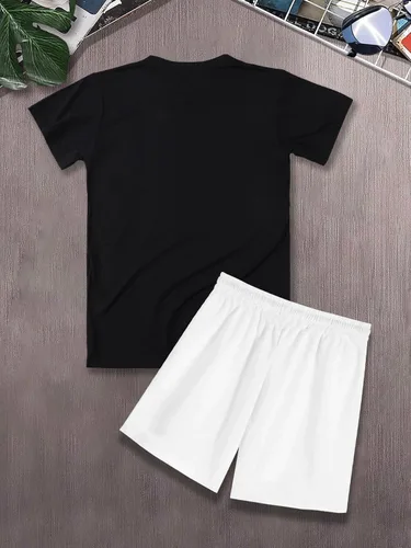 Vista 2 de GORGLITTER Conjuntos hawaianos de dos piezas para hombre, conjunto de camisa y pantalones cortos, conjunto deportivo en blanco y negro, talla XL