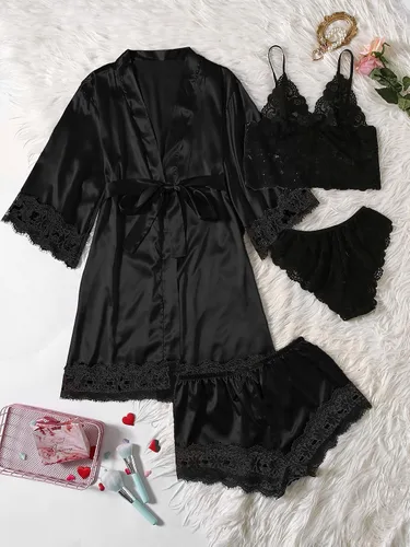 Vista 4 de WDIRARA - Conjunto de pijama de satén de seda para mujer, lencería de encaje floral, ropa de dormir con bata, 4piezas