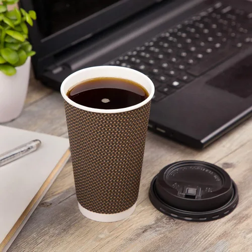 Vista 8 de Promora Tazas de café desechables marrones con tapas de 16 onzas, tazas de papel onduladas de papel aislado premium para café caliente