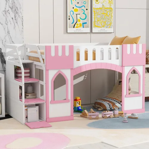 Vista 37 de Playhouse Wood Twin Size Loft Bed with Storage Staircase, Desk, Shelves