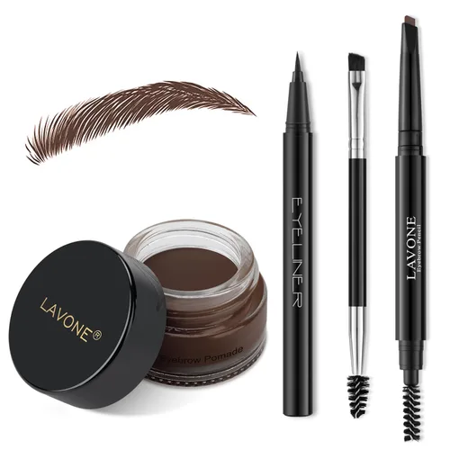 Vista 22 de LAVONE Kit de lápiz de sello para cejas, kit de maquillaje triple con lápiz de ceja impermeable, delineador, pomada de cejas y cepillo de cejas
