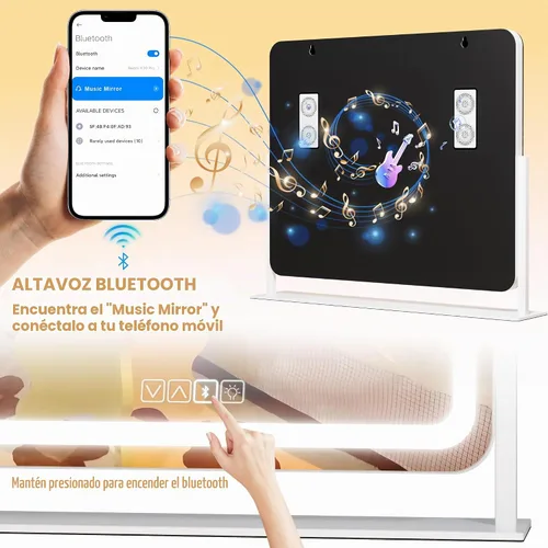 Vista 2 de Hasipu Espejo de tocador con luces y altavoz Bluetooth, espejo LED de maquillaje de 23.6 x 19.7 pulgadas, espejo iluminado con aumento de 10X