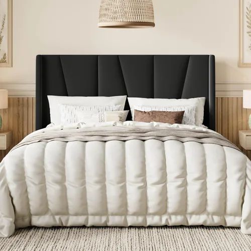 Vista 10 de SHA CERLIN Base de cama tamaño Queen con cabecera geométrica con respaldo de ala, plataforma tapizada con soporte de listones de madera, espacio Gris