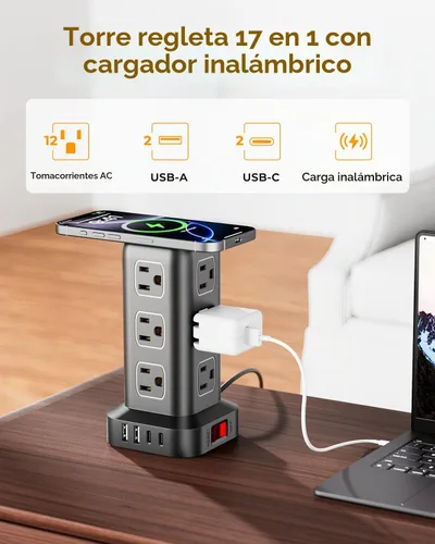 Vista 2 de Regleta de alimentación con 12 tomas, 4 USB (1 USB C), cable de extensión de 6.5 pies con múltiples tomas, estación de carga, torre de regleta
