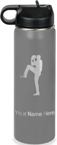 Vista 19 de LaserGram Botella de agua personalizada, jarra de béisbol, acero inoxidable de doble pared aislada al vacío con popote superior, regalo grabado Negro