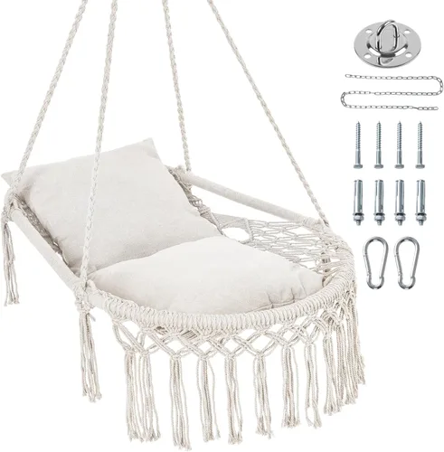 Vista 14 de Happygrill Silla de columpio, hamaca de macramé con cojín de asiento redondo, cuerdas de algodón de poliéster resistentes y anillos de metal Beige