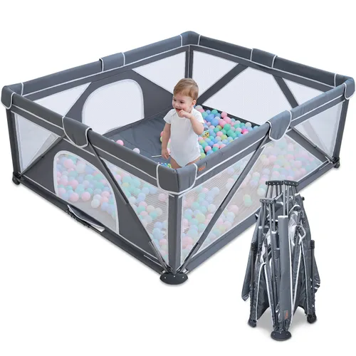 Vista 8 de Yobear - Corralito plegable para bebés y niños pequeños con 50 pelotas oceánicas y 2 asas, área de juego de seguridad para niños en interiores