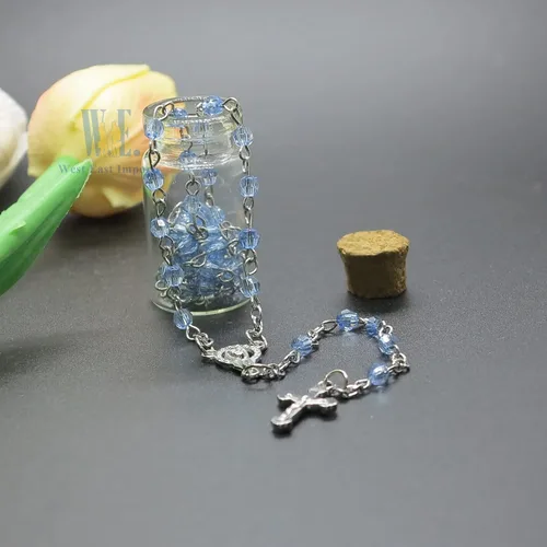 Vista 4 de Sudopo Bautismo Favor (12PCS) Rosario de la Santa Comunión en tarro de botella de vidrio Recuerdos de Bautizo Quinceañera Perla Azul Bautizo