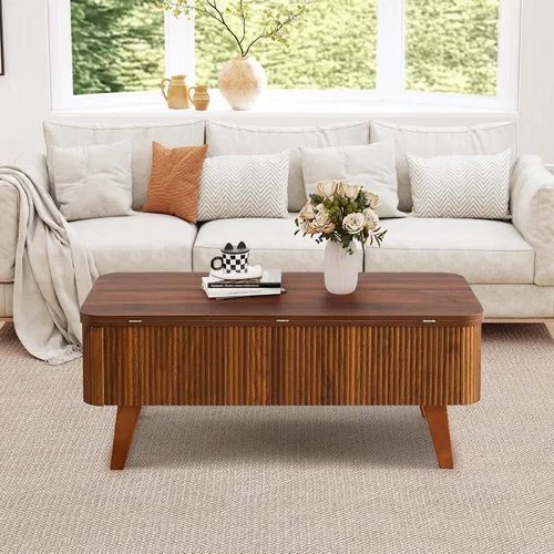 Vista 8 de Mesa de centro elevable 3 en 1, mesas de centro convertibles acanaladas que se convierten en mesas de comedor, moderna mesa central de madera Nuez 3