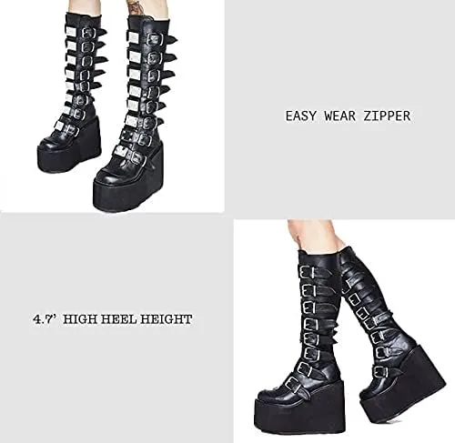 Vista 3 de Botas góticas a la rodilla para mujeres con plataforma estilo combate estilo motocicleta estilo botines
