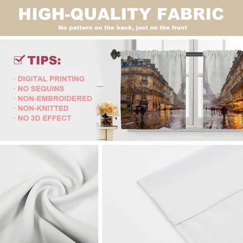Vista 4 de Cortinas opacas de cocina con pintura al óleo de Europa rosa y negra para ventanas, cenefas opacas modernas de torre Eiffel de poliéster multicapa