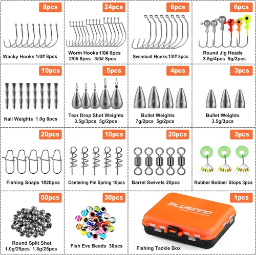 Vista 9 de PLUSINNO 253/387pcs Fishing Gear Accessories Kit, Fishing Tackle Box with Tackle Included, Fishing Hooks, Fishing Weights Sinkers, Spinner Blade