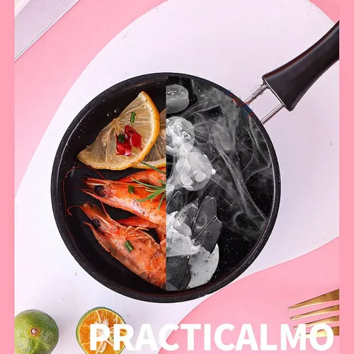 Vista 8 de Mini sartén, huevos de acero inoxidable, panqueques para evitar el palo, olla de inducción redonda para desayuno, sartén pequeña con mango largo