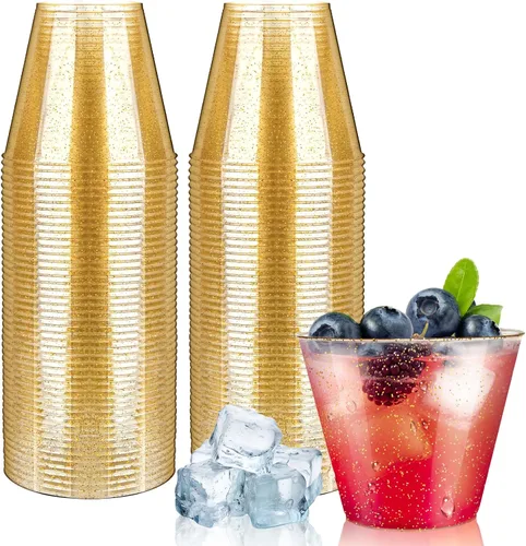 Vista 14 de Byvivace Vasos de plástico transparente de 12 onzas con borde dorado, resistentes y aptos para alimentos, desechables, copas de vino, copas de boda