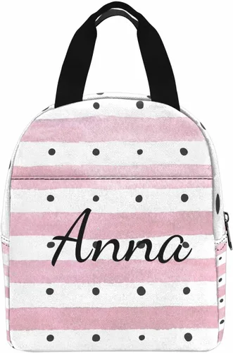 Vista 2 de InterestPrint Bolsa de almuerzo con nombre personalizado para hombres y mujeres, color rosa, blanco y negro, con lunares personalizados, enfriador