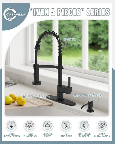 Vista 2 de Grifo de cocina negro con dispensador de jabón, grifo para fregadero de cocina, llave de fregadero de cocina con placa de cubierta, grifo de cocina