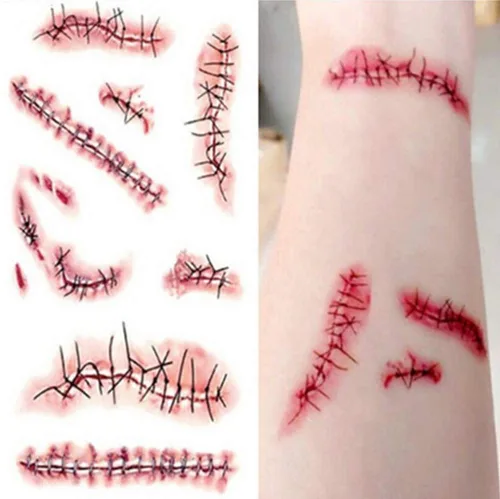 Vista 2 de 10 hojas de tatuajes temporales de Halloween, calcomanías de Halloween con disfraz de sangre falsa, tatuajes de cicatrices de zombi para fiestas