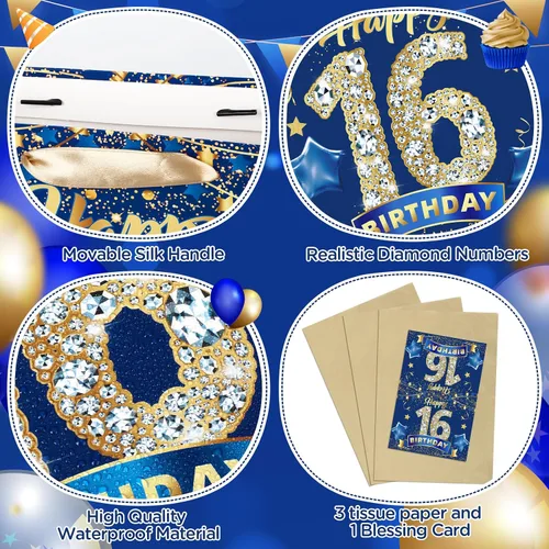 Vista 5 de Wayyogh Bolsa de regalo de cumpleaños de 16 años, color azul marino, dorado, bolsa de regalo de feliz cumpleaños de 16 años con papel de seda