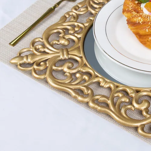 Vista 4 de MAONAME Platos cargadores dorados de 12", juego de 12 unidades, cargador espejo para platos de cena, platos cargadores de plástico con bordes