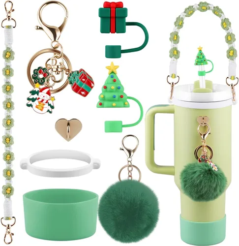 Vista 15 de Set de accesorios negros para vaso Stanley, correa para asa de botella de agua, funda de silicona, cubierta de pajita con lazo, dijes de perla, tapa