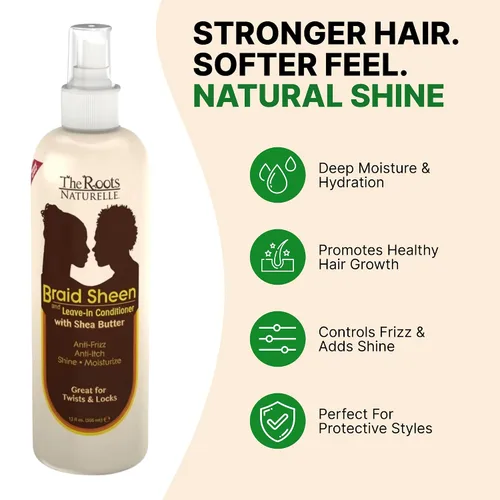 Vista 3 de The Roots Naturelle Braid Sheen Braid Braid Spray 12 onzas líquidas Acondicionador sin enjuague con manteca de karité Enriquecido