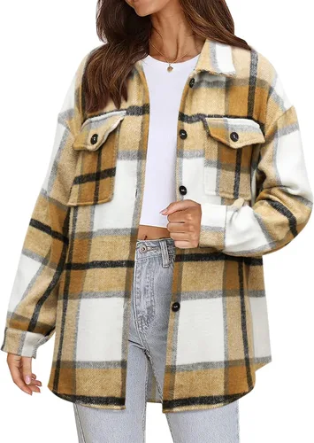 Vista 31 de Beaully Chaqueta-Camisa de Franela a Cuadros para Mujer, Trajes de Otoño 2025, Camisa de Manga Larga con Botones, Chaqueta Abrigo con Bolsillos Negro