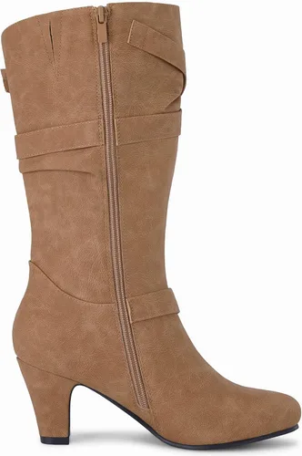 Vista 4 de Coutgo Botas holgadas de media pantorrilla para mujer, tacón grueso, de piel sintética, hasta la rodilla, con cremallera lateral, hebilla de metal