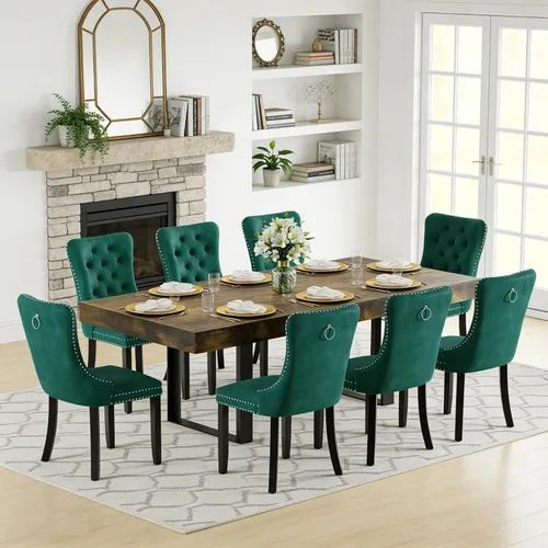 Vista 20 de Juego de mesa de comedor extensible de 5 piezas para 4, mesa de cocina de madera marrón de 63-78.7 pulgadas con 4 sillas acolchadas beige, juego