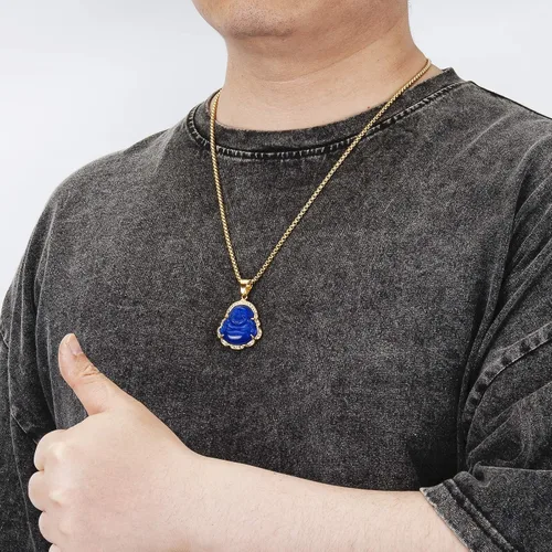 Vista 5 de WESTMIAJW Lucky Laughing Buda colgante cadena collares amuleto joyería para hombres, mujeres y niños, 23.6in, Piedra