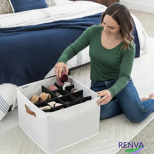Vista 3 de RENVA Shoe Organizer for Closet, Foldable Shoe Storage Bins with Clear Cover, Large Shoe Box Storage Container with two sides PU handles, Fits up to