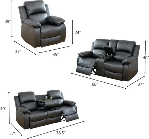 Vista 2 de Juego de sala de Estar reclinable de 3 piezas, juego de sofá reclinable Manual para conjunto de muebles de sala de Estar, con consola de Negro