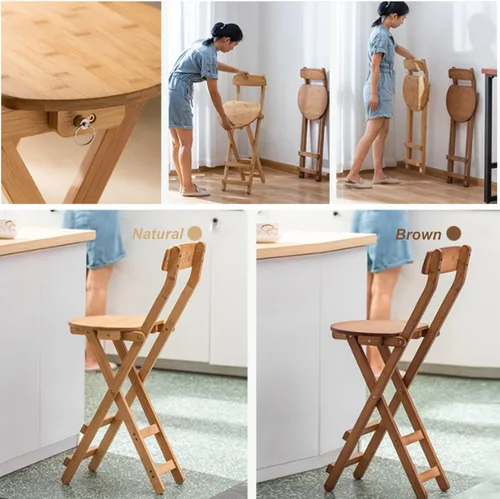 Vista 6 de Taburetes de bar plegables de bambú para el desayuno, taburete de cocina de 24 pulgadas/27 pulgadas con respaldo, silla alta de madera plegable