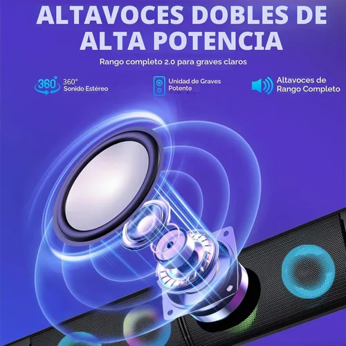 Vista 3 de Altavoces de computadora con cable diseñados para dispositivos de escritorio, sonido claro USB Plug and Play con iluminación RGB Características