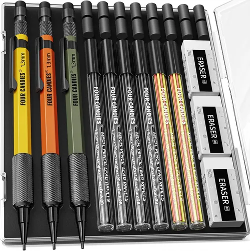 Vista 13 de Four Candies Juego de lápices mecánicos de 1.3mm con 24 repuestos de plomo, lápiz de carpintero de metal resistente a la intemperie para uso pesado