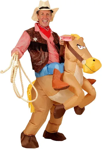 Vista 3 de LAUJOY Disfraz de caballo inflable de Halloween Disfraz de vaquero unicornio traje para adultos fiesta cumpleaños Cosplay fantasía vaquero