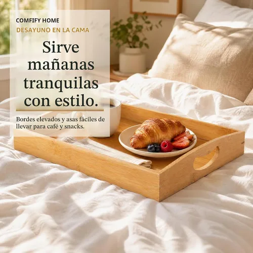 Vista 4 de Comfify Bandejas de bambú para servir, juego de 3 bandejas otomanas para alimentos, entretenimiento y decoración, diseño minimalista