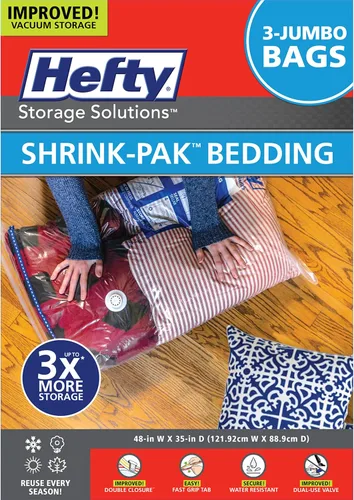 Vista 12 de Hefty Shrink-Pak - 4 bolsas grandes de almacenamiento al vacío para ropa, almohadas, toallas o mantas - Bolsas selladoras al vacío ahorradoras